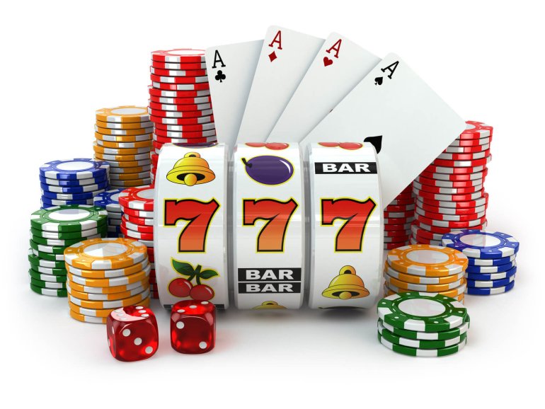 A pile of chips, four aces and a 777 slot