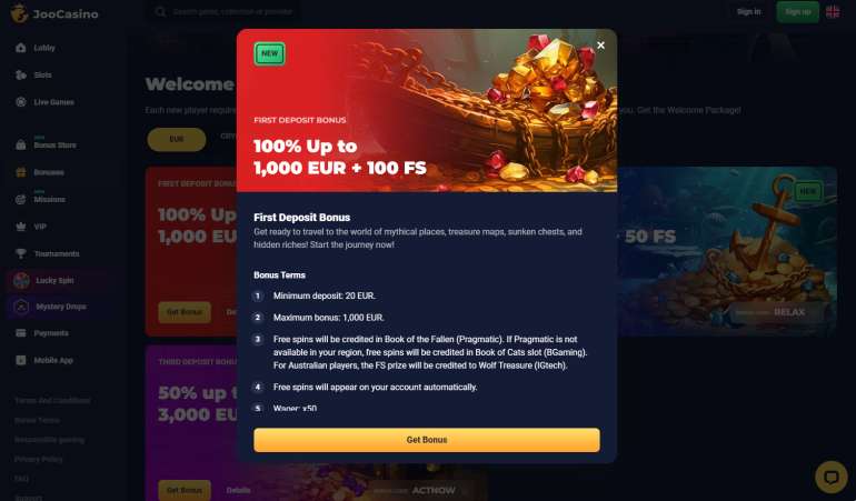 A 100% Welcome Bonus of up to 1000 Euros at Joo Casino