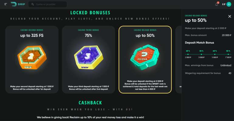 Weekly 50% Reload Bonus at Drip Casino