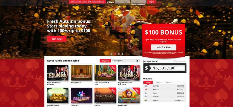 in 100% up to $ 100 on first deposit at Royal Panda in