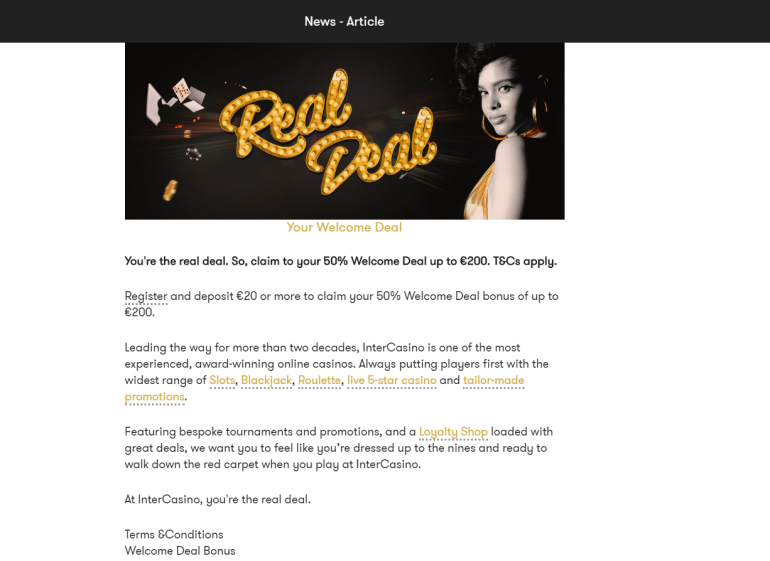 in 50% Match Bonus up to €200 in Inter Casino Inter Casino Bonus Terms in