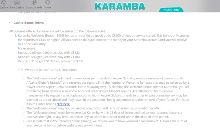 in 100% Match Bonus up to €200 in Karamba Casino Bonus Terms in
