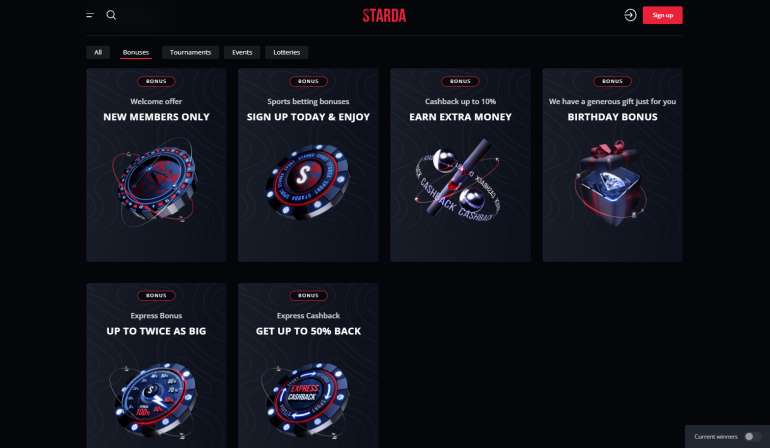 Various bonuses and promos in Welcome Bonuses and Free Spins at Starda Casino Welcome Bonuses and Free Spins at Starda Casino