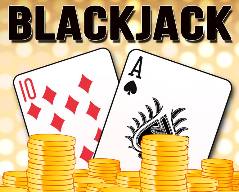 Blackjack game icon with cards and coins